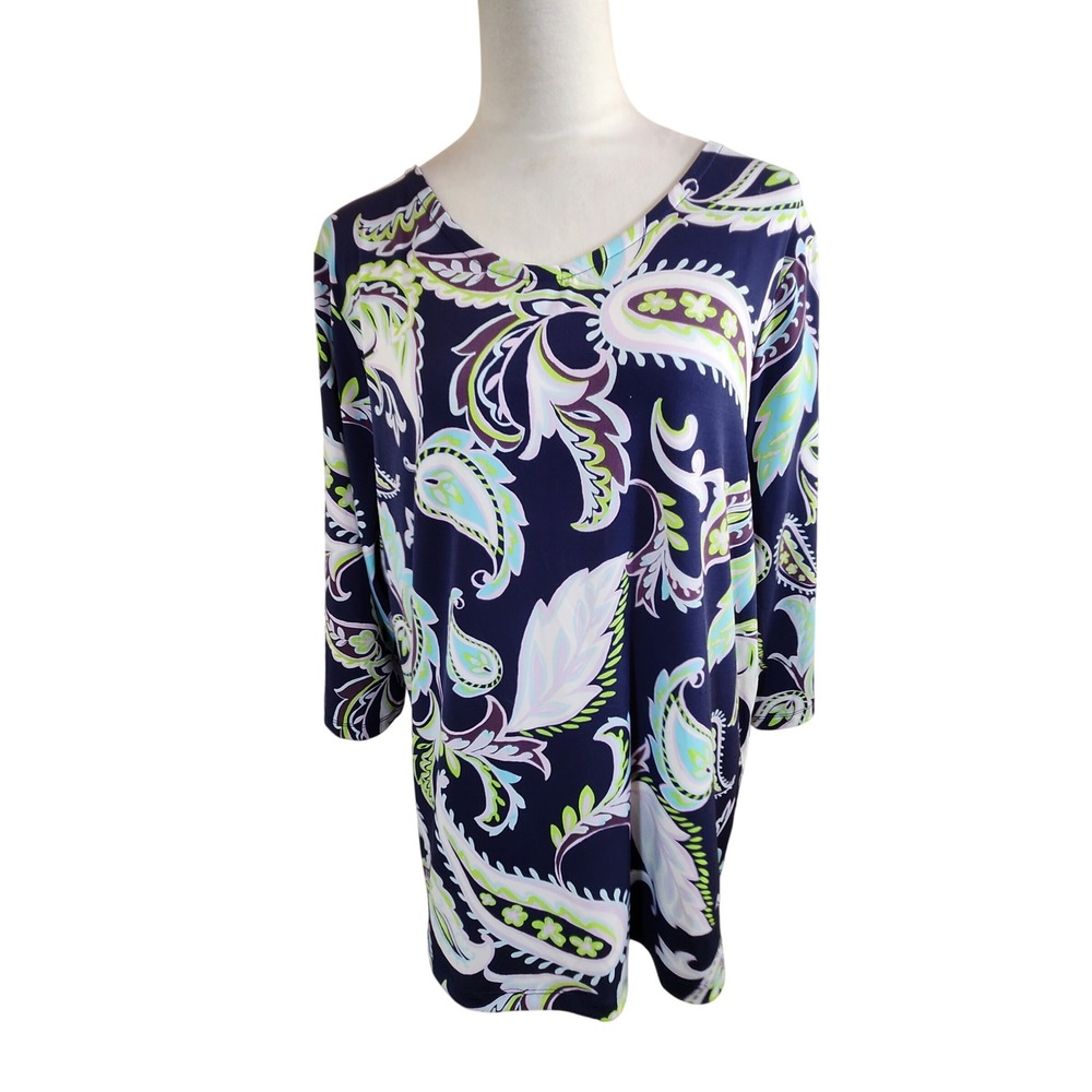 Chico's 3 Women Navy Blue Paisley V-Neck 3/4 Sleeve Tunic Top Size XL Stretch